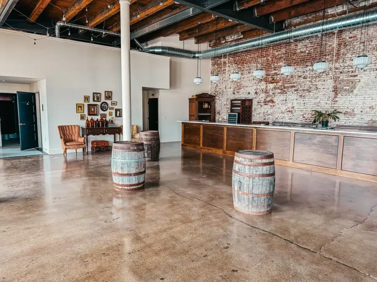 The fully stocked Libations Lounge bar at 24 Shelby in downtown Indianapolis, the in-house bar that runs every holiday party at the venue
